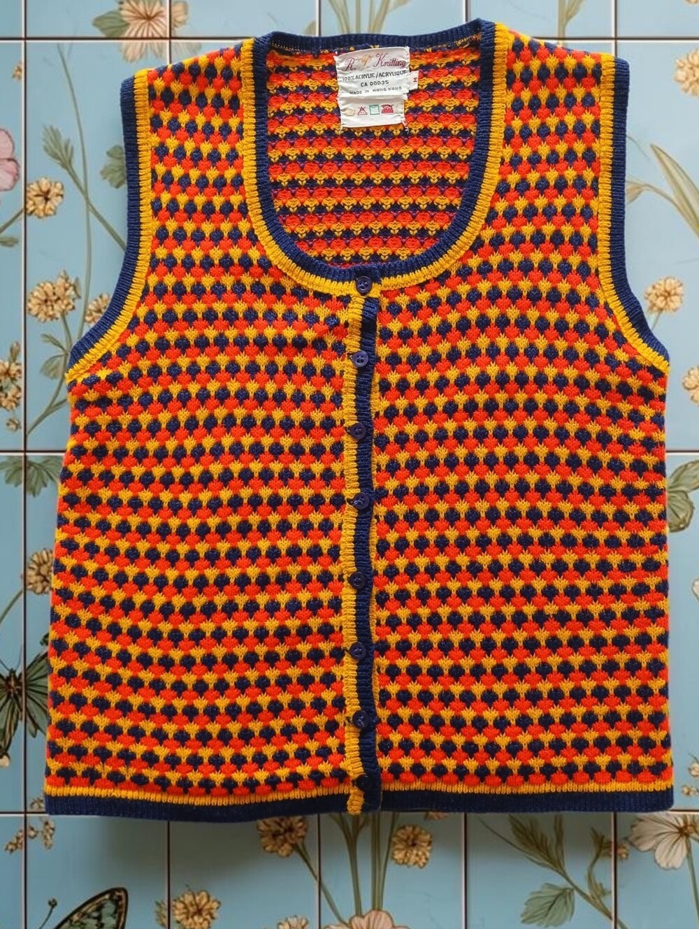 Rare 70's Vintage Orange & Navy Crochet Button Front Sweater Vest R.P. Knitting